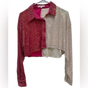 Sequin Colorblock Blouse - Red and Cream